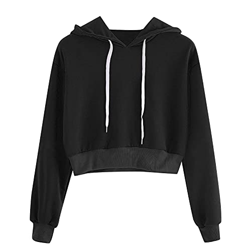 Blingko Pullover Damen Kurz Sweatjacke Cropped Kapuzenjacke Hoodie Cropped Mädchen Bauchfrei mit Kapuze Kurz Jacke Casual Langarm Shirts Kordelzug Oberteil Bluse Tops Streetwear, A*schwarz, XL von Blingko