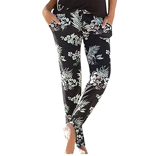 Blingko Sommerhose Damen Leicht Strand Haremshose Aladin Blume Drucken Pumphose Oversize Baggy Blumenmuster Boho Lange Baggy Hose Leicht Stoffhose Ballonhose Pluderhose Gedruckten Yogahose, E*schwarz von Blingko