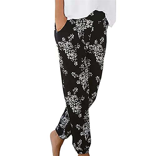 Blingko Sommerhose Damen Leicht Strand Haremshose Aladin Blume Drucken Pumphose Oversize Baggy Blumenmuster Boho Lange Baggy Hose Leicht Stoffhose Ballonhose Pluderhose Gedruckten Yogahose, D*schwarz von Blingko