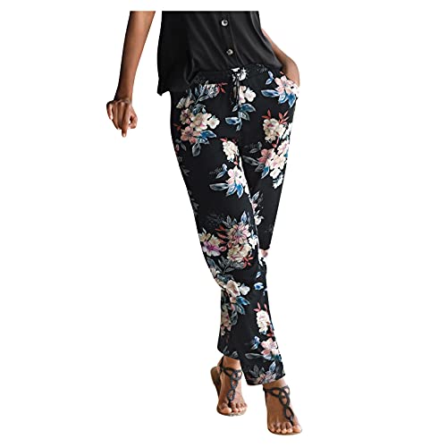 Blingko Sommerhose Damen Leicht Strand Haremshose Aladin Blume Drucken Pumphose Oversize Baggy Blumenmuster Boho Lange Baggy Hose Leicht Stoffhose Ballonhose Pluderhose Gedruckten Yogahose, S*schwarz von Blingko