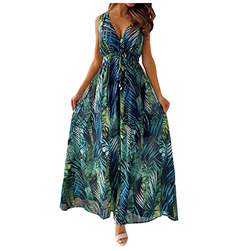 Sommerkleider Knielang Damen Strandkleid Lang Kleider Boho Strandkleider mädchen Festlich Kleider V-Ausschnitt Frontknopf, Quaste, Fransen Elegant Blusekleid Freizeitkleid Blumen Kleider Freizeitkleid von Blingko