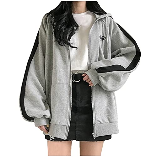 Sweatjacke Damen Übergroßes Kapuzen Hoodie Full Zip Hoodie Y2k Ästhetischer Oversized Sweatshirt E Girl 90s Baggy Langarm Jacke Mantel Streetwear-Jacke Herbst Winter Outwear von Blingko