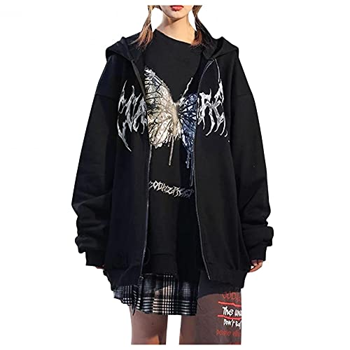 Blingko Sweatjacke Damen Übergroßes Kapuzen Hoodie Full Zip Hoodie Y2k Ästhetischer Oversized Sweatshirt E Girl 90s Baggy Langarm Jacke Mantel Streetwear-Jacke Herbst Winter Outwear, H*schwarz, 3XL von Blingko