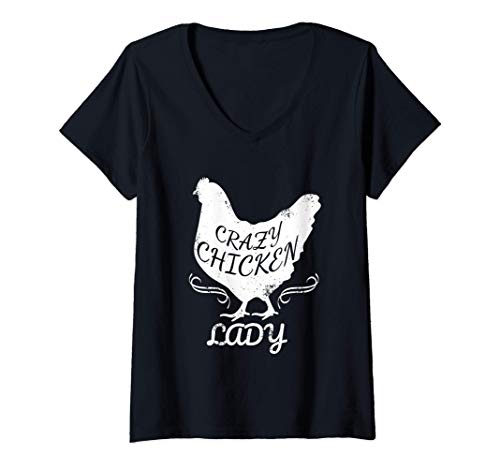Damen Crazy Chicken Lady Küken Henne Hühner Liebhaber Bauernmädche T-Shirt mit V-Ausschnitt von Blinkies Chicken Lady