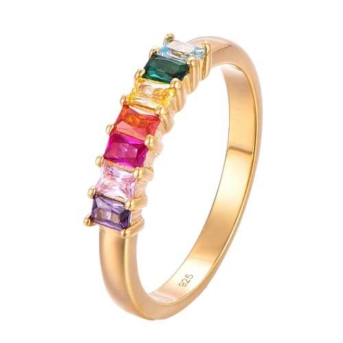 BlinqBlinq Eleganter 925 Silber Ring 18K vergoldet mit Regenbogen Zirkonia Steinen in GeschenkBox Größen 50 52 54 56 58 60 Damen Ring Gold Wasserfest Pride Ring Damen Goldschmuck Bath 50 von BlinqBlinq