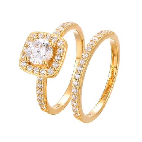 BlinqBlinq Elegantes 925 Silber Ring Set 18K vergoldet Zirkonia Steinen in Geschenk Box Größen 50 52 54 56 58 60 Zwei Goldringe Damen Ring 925 Gold Wasserfest Goldschmuck Sofia 50 von BlinqBlinq