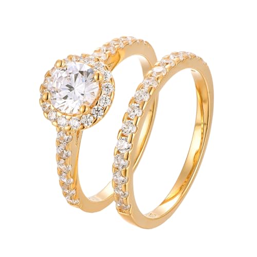 BlinqBlinq Elegantes 925 Silber Ring Set 18K vergoldet mit Zirkonia Steinen in Geschenk Box 2 Ringe Größen 50 52 54 56 58 60 Vorsteckring Damen Ring Gold Wasserfest Goldschmuck Riga 50 von BlinqBlinq