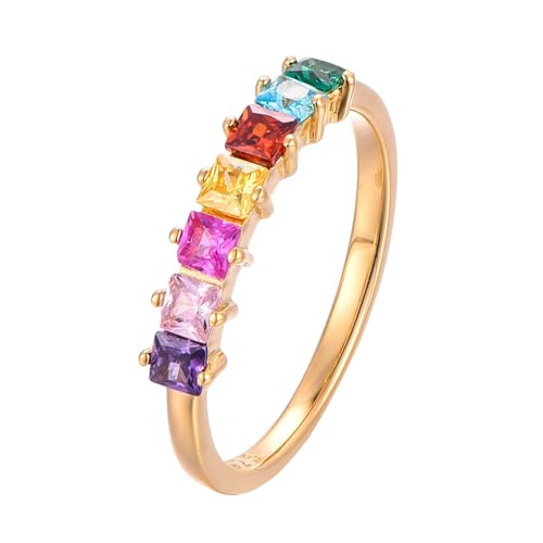 BlinqBlinq Eleganter 925 Silber Ring 18K vergoldet mit Regenbogen Zirkonia Steinen in Geschenk Box Größen 50 52 54 56 58 60 Damen Ring Gold Wasserfest Pride Ring Damen Goldschmuck Bath 56 von BlinqBlinq