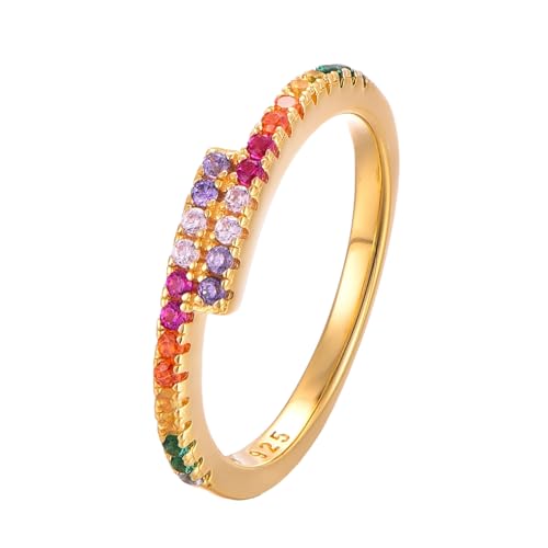 Eleganter 925 Silber Ring 18K vergoldet mit Regenbogen Zirkonia Steinen in Geschenk Box Größen 50 52 54 56 58 60 Damen Ring Gold Wasserfest Goldschmuck Sterling Silber Nimes 60 von BlinqBlinq