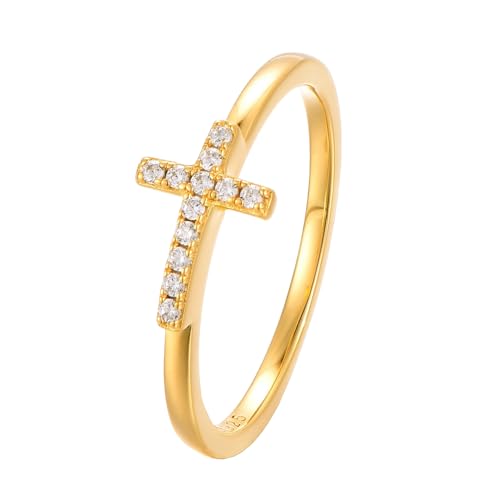 Eleganter 925 Silber Ring mit Kreuz 18K vergoldet mit Zirkonia Steinen in Geschenk Box Größen 50 52 54 56 58 60 Damen Ring Gold Wasserfest Goldschmuck Sterling Silber Eger 56 von BlinqBlinq