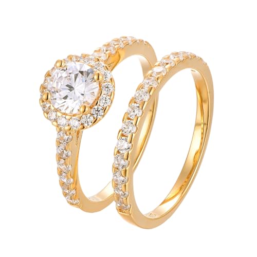 BlinqBlinq Elegantes 925 Silber Ring Set 18K vergoldet mit Zirkonia Steinen in Geschenk Box 2 Ringe Größen 50 52 54 56 58 60 Vorsteckring Damen Ring Gold Wasserfest Goldschmuck Riga 52 von BlinqBlinq