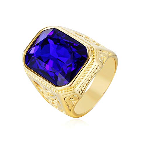 Blisfille Ringe Männer Gold Herr Der Ringe Quadratische Zirkon Vintage Muster Siegelring Gold Ring Gr. 60 (19.1) 23mm Breit 25G Blau Gothic Ring von Blisfille