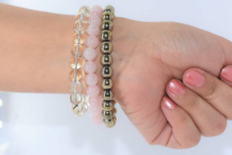 Damen Gestapelt Edelstein Armband Pyrit Rosenquarz Und Klar Kristall Quarz Halbedelstein Unisex Stein Schmuck von BlissCreation2019