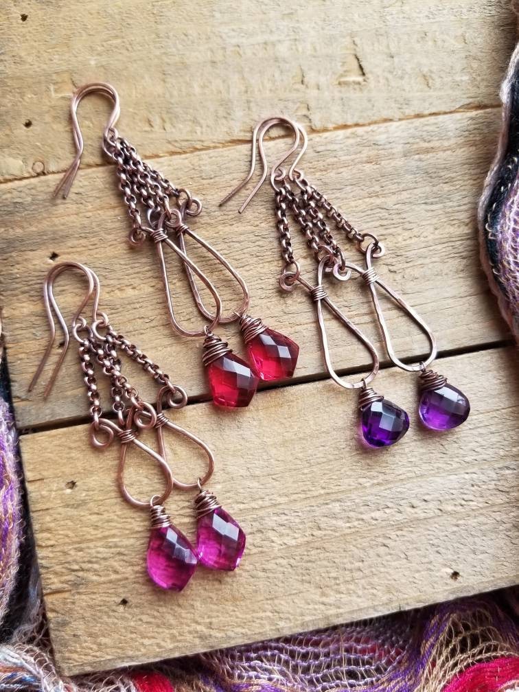 Kupfer-Schmuck, Ohrringe, Edelstein Baumelt, Magenta Quarz, Amethyst Rote Lila Edelsteinohrringe, Quarz Baumelt von BlissandBloomStudio