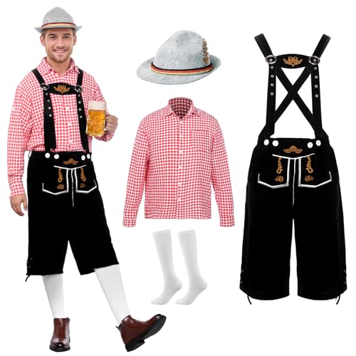 Blisscok Trachten Lederhose Herren Kurz mit TräGern Hemden Oktoberfest Hut Socken 4 Teiliges Lederhose Herren Set für Oktoberfest (Rot + Schwarz, S) von Blisscok