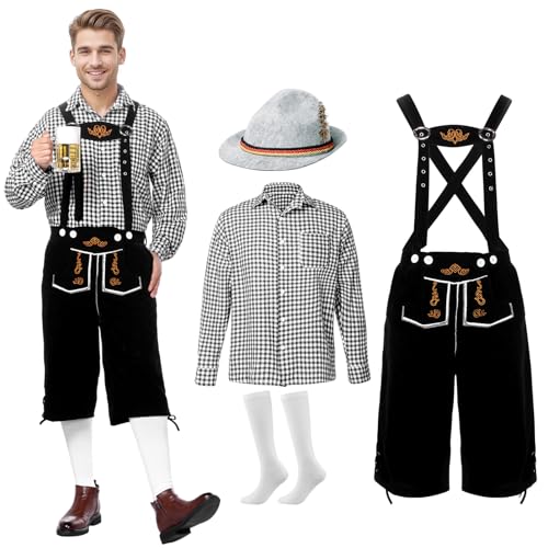 Blisscok Trachten Lederhose Herren Kurz mit TräGern Trachten Hemden Herren Oktoberfest Hut Socken 4 Teiliges Lederhose Herren Tracht Set für Oktoberfest (Grau + Schwarz, XL) von Blisscok