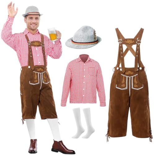 Blisscok Trachten Lederhose Herren Kurz mit TräGern Hemden Oktoberfest Hut Socken 4 Teiliges Lederhose Herren Set für Oktoberfest (Rot + Braun, L) von Blisscok