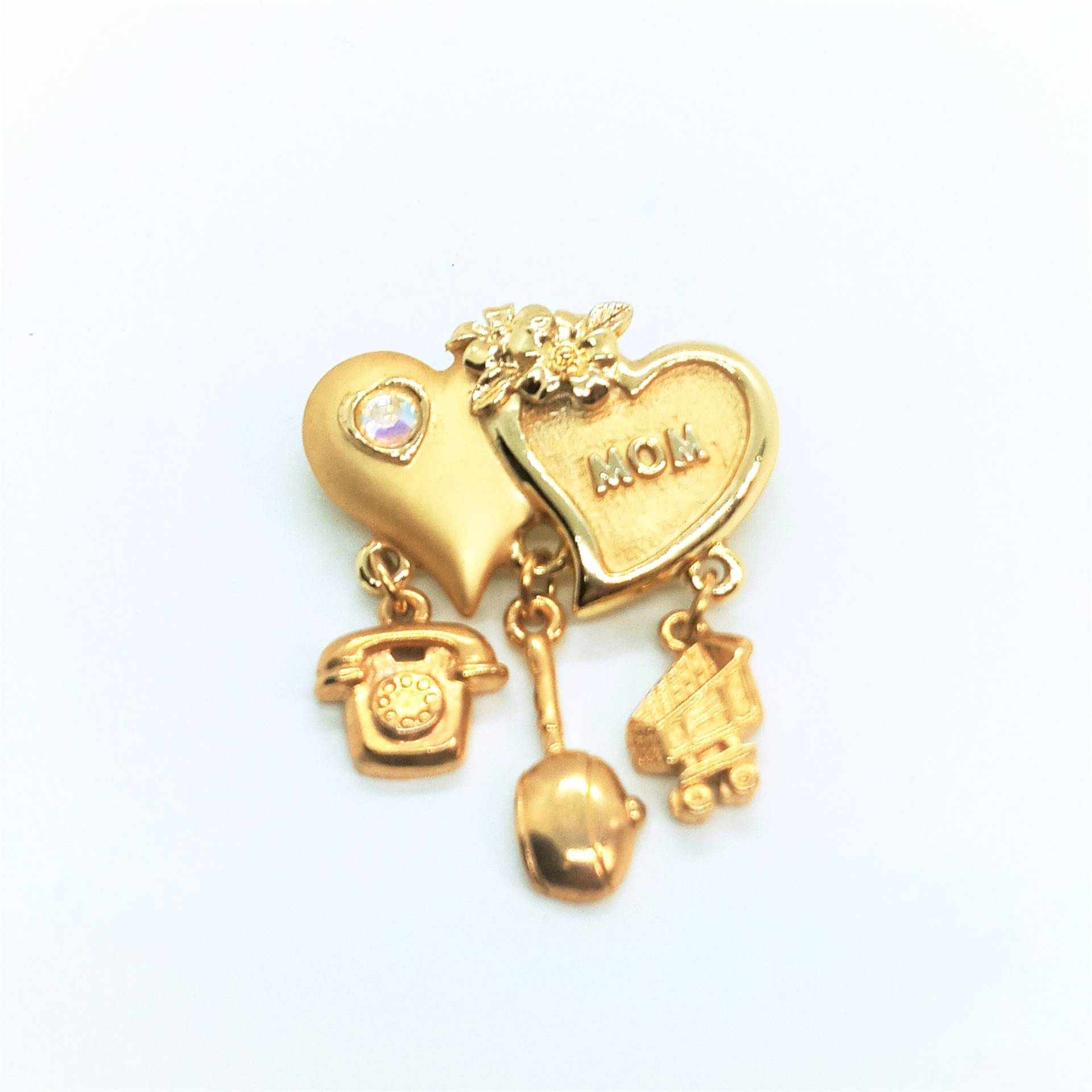 Torino Herz Mom Charm Brosche Mit Telefon, Topf Und Einkaufswagen, Vintage Pin, Goldfarbenes Metall von BlkkittyGifts