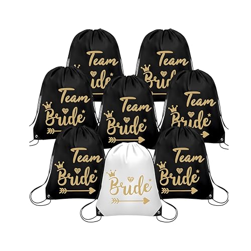 Turnbeutel Set für Damen, 7X Schwarze Bride Beutel + 1x Weißer Team Braut Beutel, Kordelzug Rucksack 34 * 42cm für Junggesellinnenabschied & Brautparty, aus Wasserdichtem Polyester von Blleshelfl