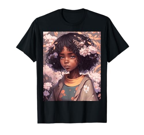 BLM Süßes schwarzes Anime-Mädchen mit Blumenmuster - Afro Melanin Queen Power T-Shirt von Blm Cute Floral Anime Black Girl Melanin Beauty