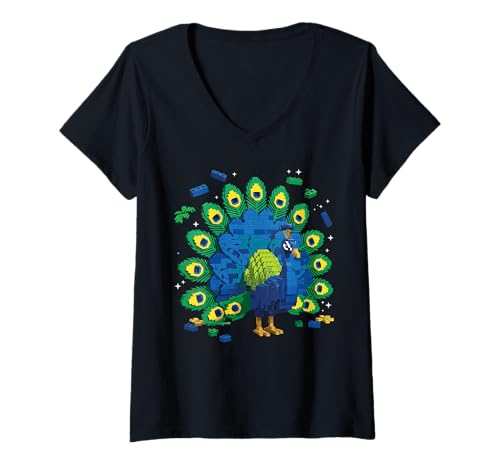 Damen Colorful Peacock Built from Bricks with Feathers T-Shirt mit V-Ausschnitt von Block Brick Animals Geometric Designs Co.