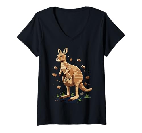 Damen Kangaroo Built from Bricks with a Baby in Pouch T-Shirt mit V-Ausschnitt Damen Kangaroo Built from Bricks with a Baby in Pouch T-Shirt mit V-Ausschnitt von Block Brick Animals Geometric Designs Co.