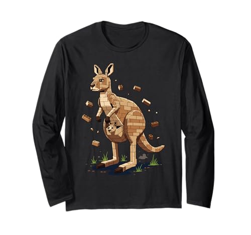 Kangaroo Built from Bricks with a Baby in Pouch Langarmshirt von Block Brick Animals Geometric Designs Co.