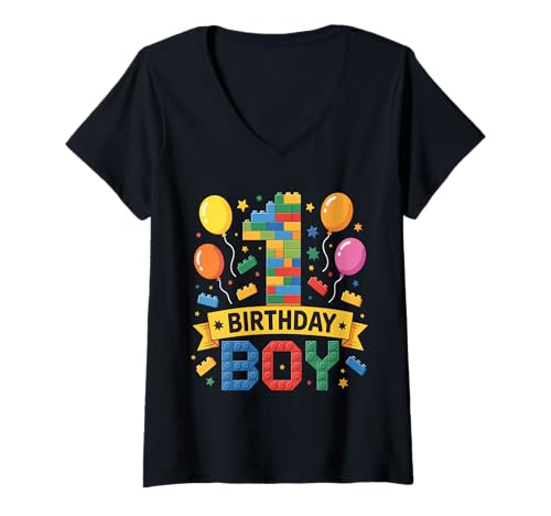 Damen Birthday Boy Builder Bro I'm 1 Year Old Building Blocks T-Shirt mit V-Ausschnitt Damen Birthday Boy Builder Bro I'm 1 Year Old Building Blocks T-Shirt mit V-Ausschnitt von Block Building Birthday Boy