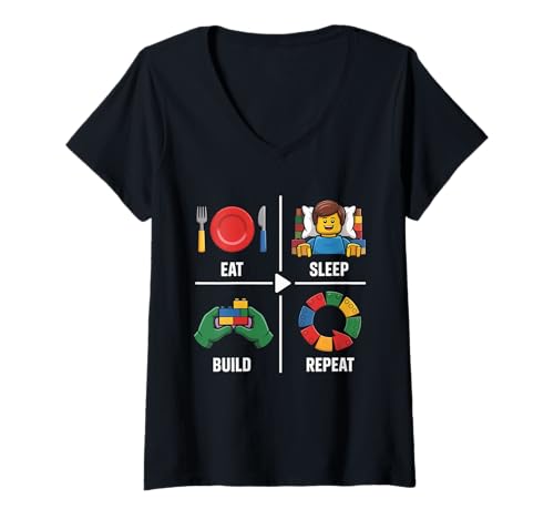 Damen Eat Sleep Build Repeat Master Builder Bricks Blocks T-Shirt mit V-Ausschnitt Damen Eat Sleep Build Repeat Master Builder Bricks Blocks T-Shirt mit V-Ausschnitt von Blocks Master Builder