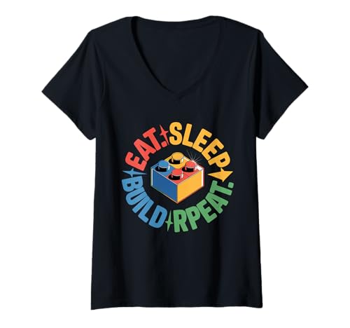 Damen Eat Sleep Build Repeat Master Builder Bricks Blocks T-Shirt mit V-Ausschnitt Damen Eat Sleep Build Repeat Master Builder Bricks Blocks T-Shirt mit V-Ausschnitt von Blocks Master Builder