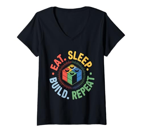 Damen Eat Sleep Build Repeat Master Builder Bricks Blocks T-Shirt mit V-Ausschnitt Damen Eat Sleep Build Repeat Master Builder Bricks Blocks T-Shirt mit V-Ausschnitt von Blocks Master Builder