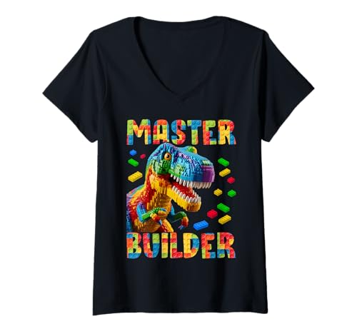 Damen Master Builder Bricks Blocks Play Toys T-Rex Dinosaur T-Shirt mit V-Ausschnitt von Blocks Master Building Dino Kids Boys Gifts