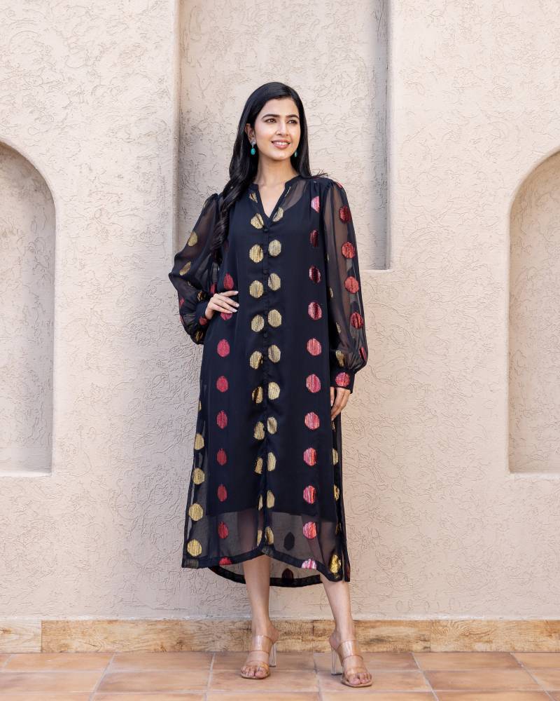 Brokat Hemd Kleid| Partykleidung| Polka Dots| Importiertes Ein Stück| Schwarzes Pünktchen Shirt| Florales Shirt von BlocksbyInaraJaipur