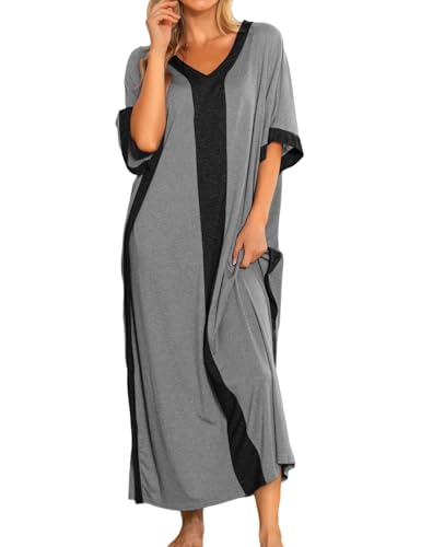 Bloggerlove Damen-Nachthemden aus Baumwolle, Kaftan, Hauskleid, kurzärmelig, Nachtwäsche, GRAU, Large von Bloggerlove