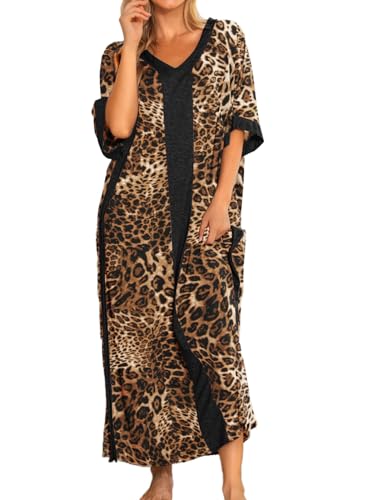Bloggerlove Damen-Nachthemden aus Baumwolle, Kaftan, Hauskleid, kurzärmelig, Nachtwäsche, Leopard, X-Large von Bloggerlove