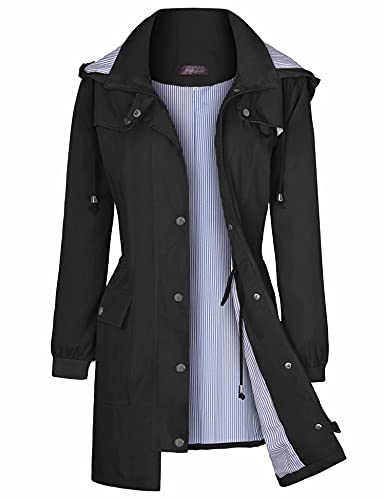 Bloggerlove Damen Regenmäntel Windbreaker Regenjacke Wasserdicht Leicht Outdoor Kapuze Trenchcoats S-XXL, Schwarz, S von Bloggerlove