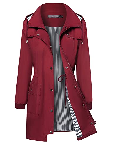 Bloggerlove Damen Regenmäntel Windbreaker Regenjacke Wasserdicht Leicht Outdoor Kapuze Trenchcoats S-XXL, Weinrot, M von Bloggerlove