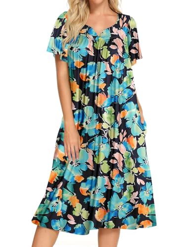 Bloggerlove Hauskleider für Damen mit Taschen Mumu Duster Hausmantel Kurzarm Terrassenkleid S-XXL, Marineblau Print 821, XL von Bloggerlove