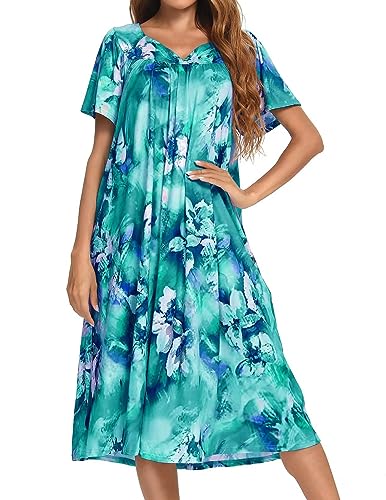 Bloggerlove Hauskleider für Damen mit Taschen Mumu Duster Hausmantel Kurzarm Terrassenkleid S-XXL, Pat21-grün Tie Dye, X-Groß von Bloggerlove