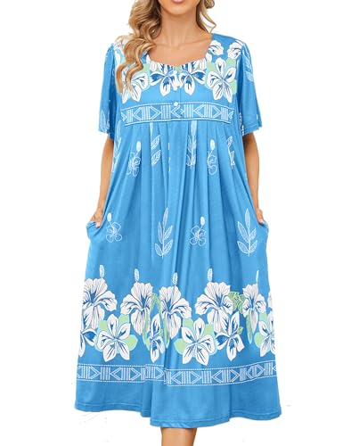 Bloggerlove Moomoo Nachthemd für Damen, hawaiianisches Muumuuu-Hauskleid, bedruckt, Liege, Terrassenkleid mit Taschen, Blau, 3X-Groß von Bloggerlove