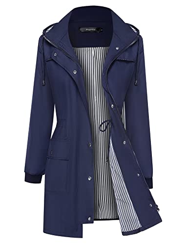 Bloggerlove Regenjacke Frauen Leichte Regenmantel Wasserdichte Windjacke Gestreifte Klettern Outdoor Mit Kapuze Trenchcoats S-XXL, Marineblau, XL von Bloggerlove