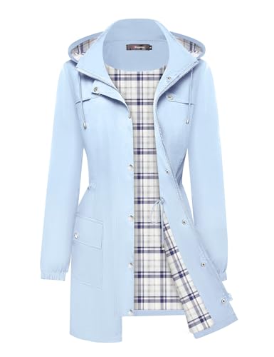 Bloggerlove Wasserdichte Regenjacke Frauen Leichter Regenmantel Lange Outdoor Windjacke Plaid Gefüttert Mit Kapuze Trenchcoats S-XXL, Hellblau-kariertes Futter, Large von Bloggerlove