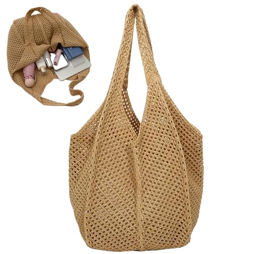 Blogiiup Häkeln Strandtasche Mesh Häkeltasche Großkapazität gewebte Kapazitätsbeschwerte ästhetische Schulter für Sommerferieneinkäufe, Tasche, Khaki von Blogiiup