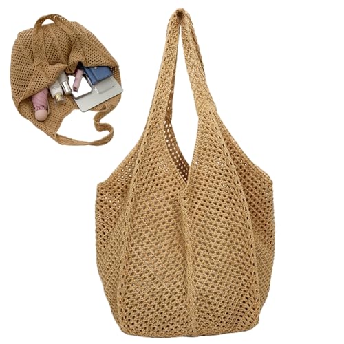 Blogiiup Häkeln Strandtasche Mesh Häkeltasche große Kapazität gewebte Kapazität gewebter Strand ästhetischer Schulter für Sommerferieneinkäufe, Schulter für Frauen, Khaki von Blogiiup