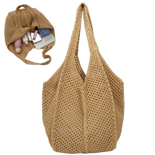 Blogiiup Häkelstasche, Häkelkrochet -Strand -Tasche Masch Totes Großkapazität gewebter Strand ästhetischer Schulter für Sommerferien einkaufen Khaki, Schulter für Frauen von Blogiiup