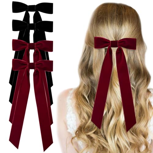 Samtschleife Haarspange 4PCS Schleife Haarspangen für Frauen Schwarz Rot Pferdeschwanz Halter Zubehör Rutschen Metallspangen Spangen Mädchen Haarspangen mit Schleife Zubehör von Blogiiup