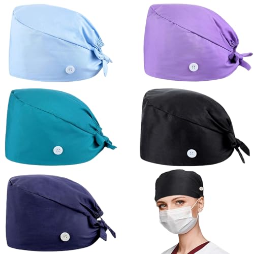 Blogiiup Scrub Caps, Krankenschwester Hut 5pcs Schweiß absorbierende Peelingkappen Größe Einstellbare chirurgische Kappe mit Knopf 5 Farben Polyester Baumwollpflegerkappen von Blogiiup