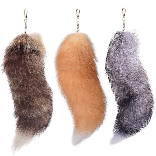 Fox Tail Keychain, 3 Stcs Therian Tail, 15, 8 Zoll langes Therian Fuchs mit Verschluss, Halloween weiche Flauschige Schlüsselbund, Hanging Tails für Frauen Erwachsene Handtasche Rucksack, Grau, Grau von Blogiiup