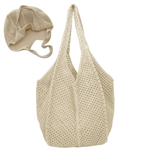 Häkeln Beach Bag Mesh Häkeltasche große Kapazität gewebte Kapazität gewebter Strand ästhetischer Schulter für Sommerferieneinkäufe, Tasche, Beige von Blogiiup