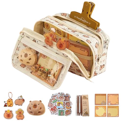 Nettes Bleistiftkoffer, Capybara Bleistiftkoffer, mehrschichtiger Beutel, Reißverschluss-Capybara-Tasche mit Stift, Puppenschlüsselring, Brosche, Aufkleber, Kleber Note und Clip, Beutel von Blogiiup